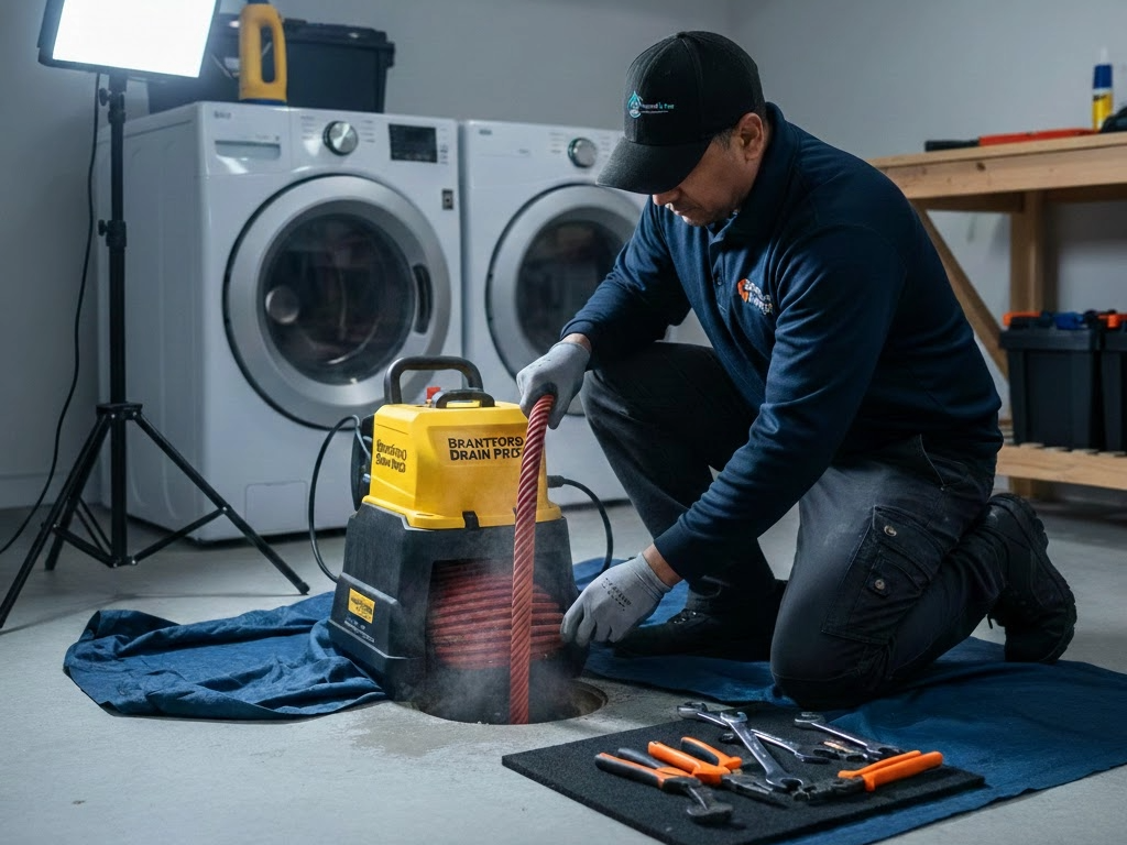 Licensed technician providing emergency drain backup service in Brantford