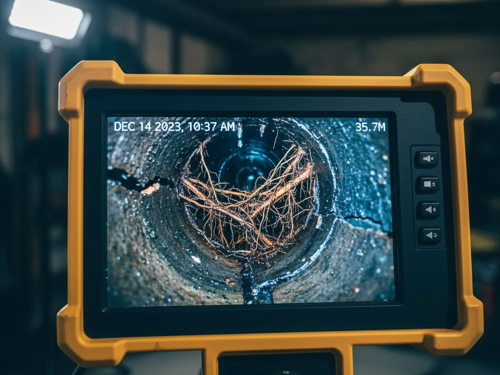 High-definition sewer camera monitor showing a severe tree root intrusion inside a local Brantford sewer line.
