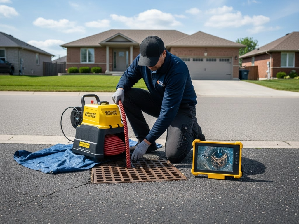 Professional drain technician performing a sewer camera inspection at a Brantford residence to identify pipe blockages.